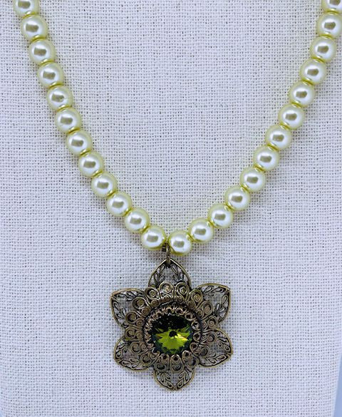 Luminous Lime Green Pearl Necklace with Filigree Pendant and Green Crystal Accent