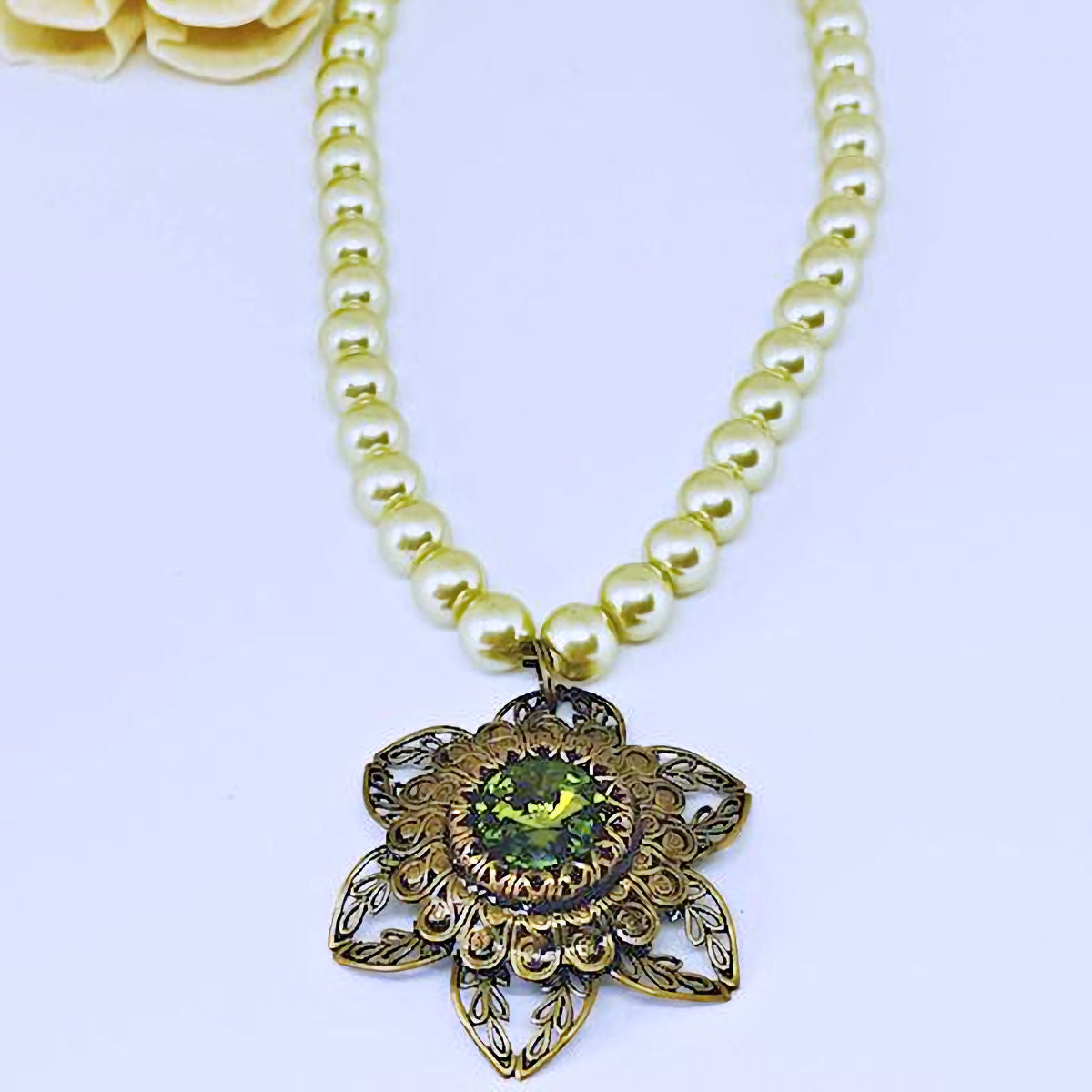 Luminous Lime Green Pearl Necklace with Filigree Pendant and Green Crystal Accent