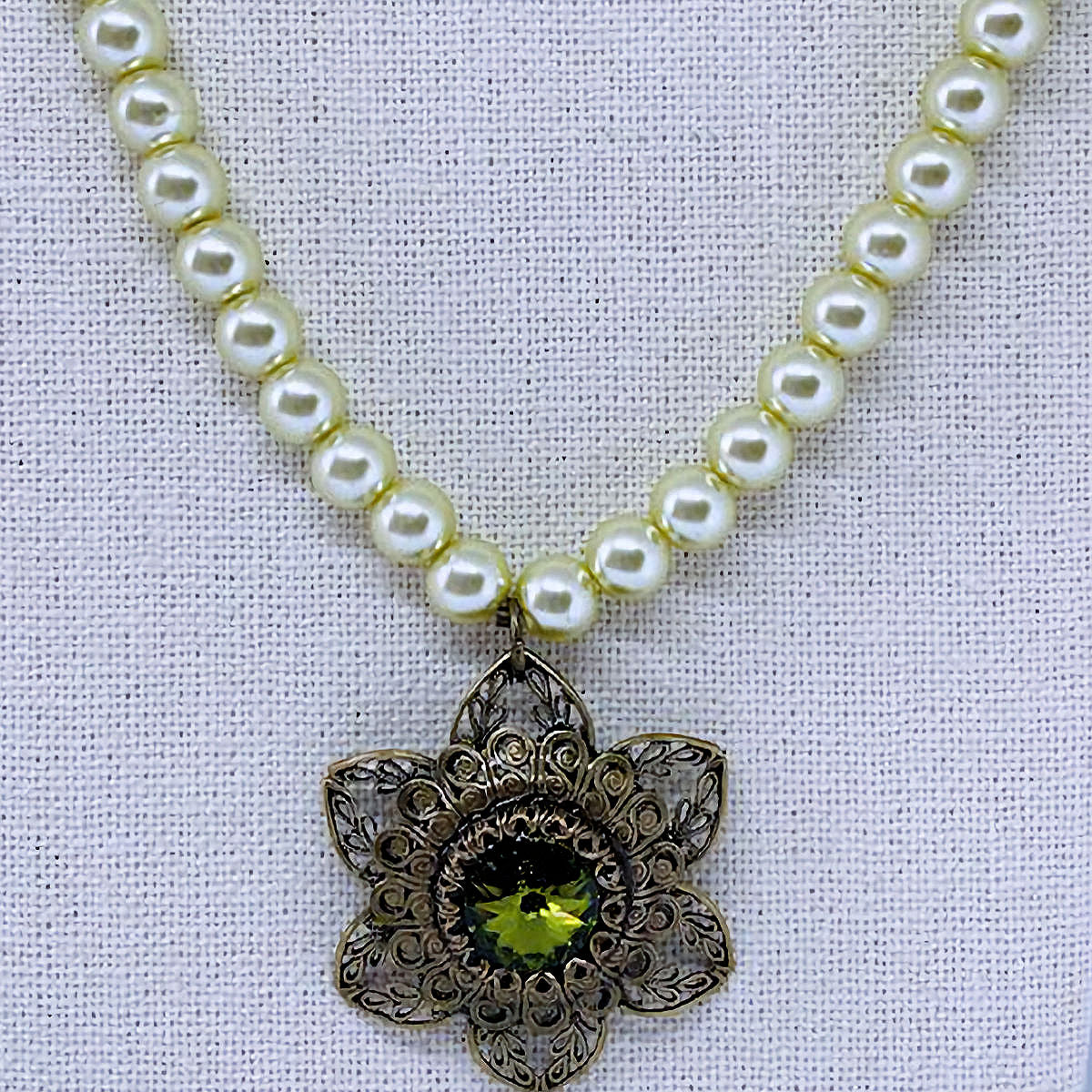 Luminous Lime Green Pearl Necklace with Filigree Pendant and Green Crystal Accent