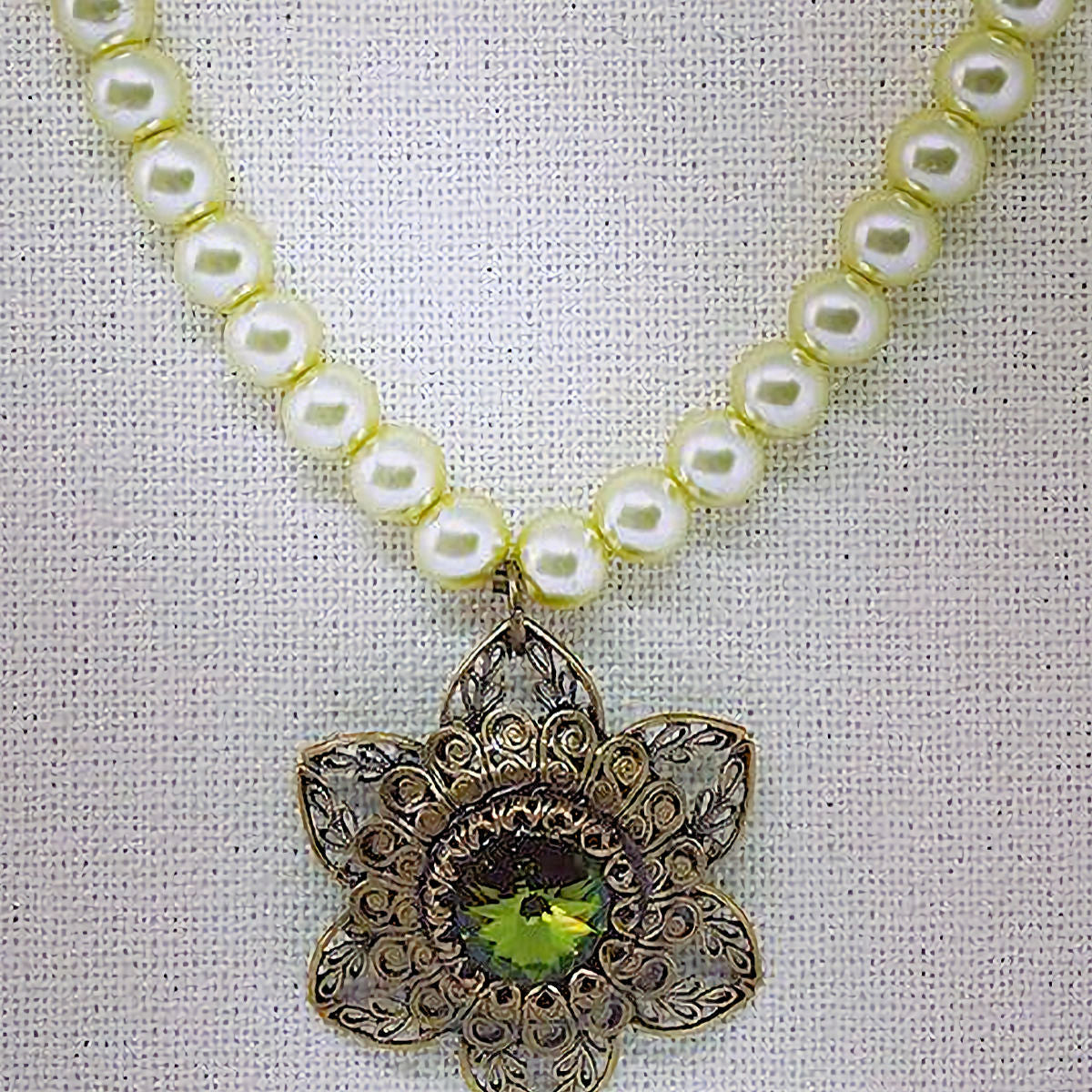 Luminous Lime Green Pearl Necklace with Filigree Pendant and Green Crystal Accent