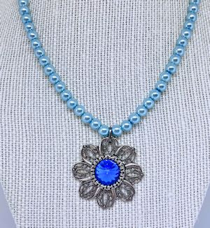 Pastel Blue Pearl Necklace with Antique Silver Filigree Pendant and Dark Blue Crystal Accent