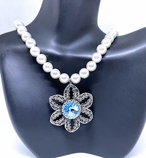 Pearl Necklace with Vintage Silver Filigree Pendant and Light Blue Crystal Stone