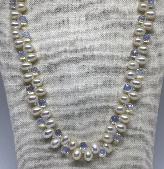 Freshwater Pearl Necklace with Faceted Opalite Drop Beads