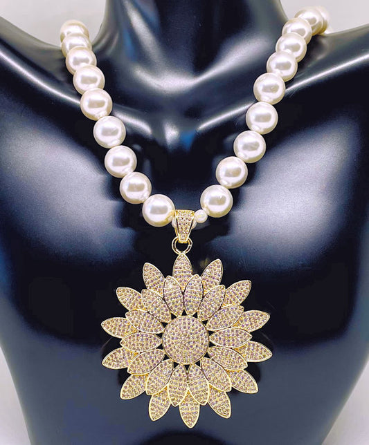 Radiant Elegance: 10mm Pearl Necklace with Gold Pave Sunflower Pendant & Toggle Clasp