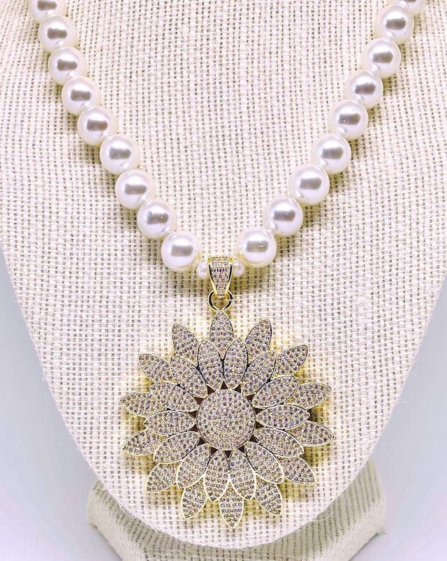 Radiant Elegance: 10mm Pearl Necklace with Gold Pave Sunflower Pendant & Toggle Clasp