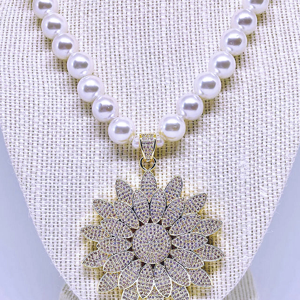 Radiant Elegance: 10mm Pearl Necklace with Gold Pave Sunflower Pendant & Toggle Clasp