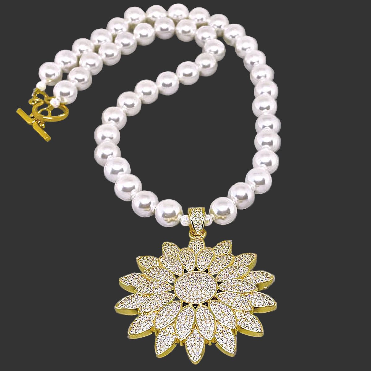 Radiant Elegance: 10mm Pearl Necklace with Gold Pave Sunflower Pendant & Toggle Clasp