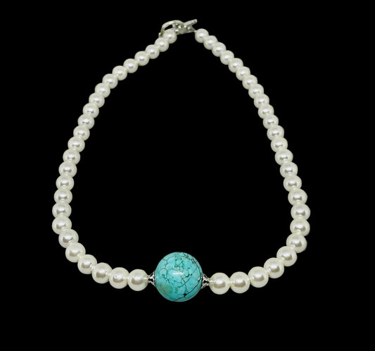 White Pearl Necklace with round Stabilized Turquoise Focal Bead