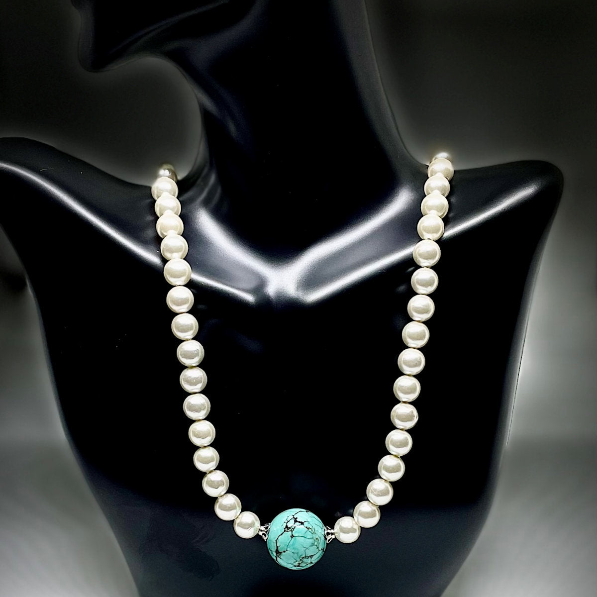 White Pearl Necklace with round Stabilized Turquoise Focal Bead