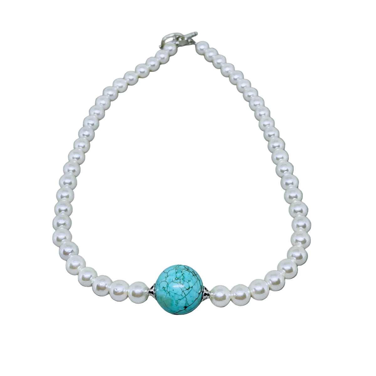 White Pearl Necklace with round Stabilized Turquoise Focal Bead
