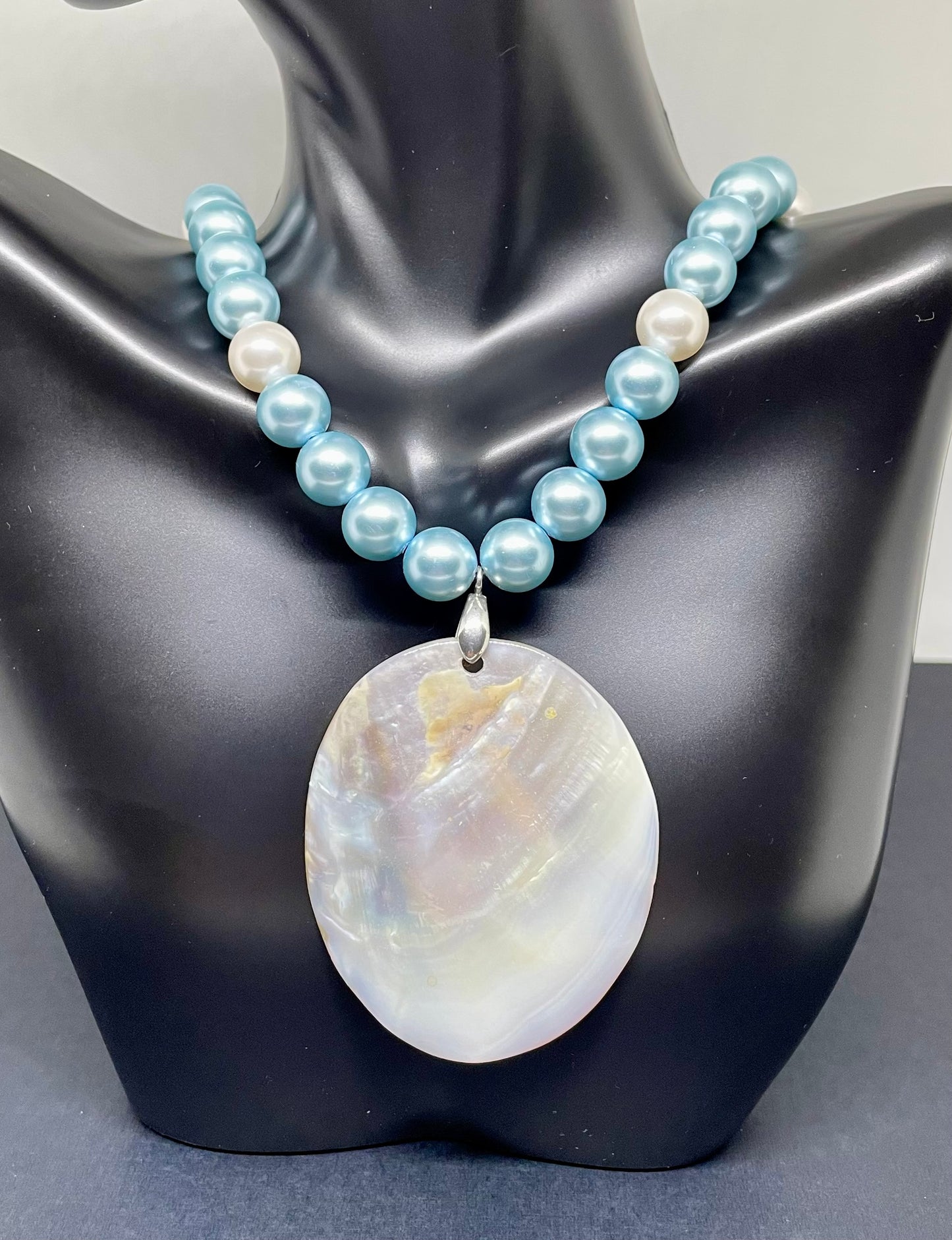 Necklace: Celestial Blue Pearls with White Pearl accents and Mother of Pearl Pendant