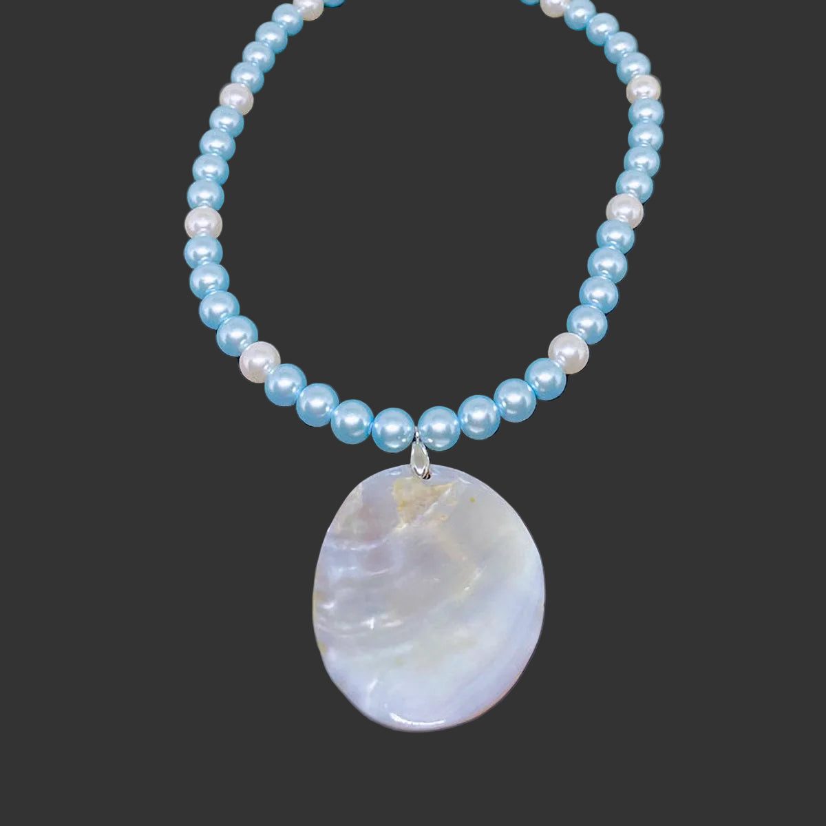 Necklace: Celestial Blue Pearls with White Pearl accents and Mother of Pearl Pendant