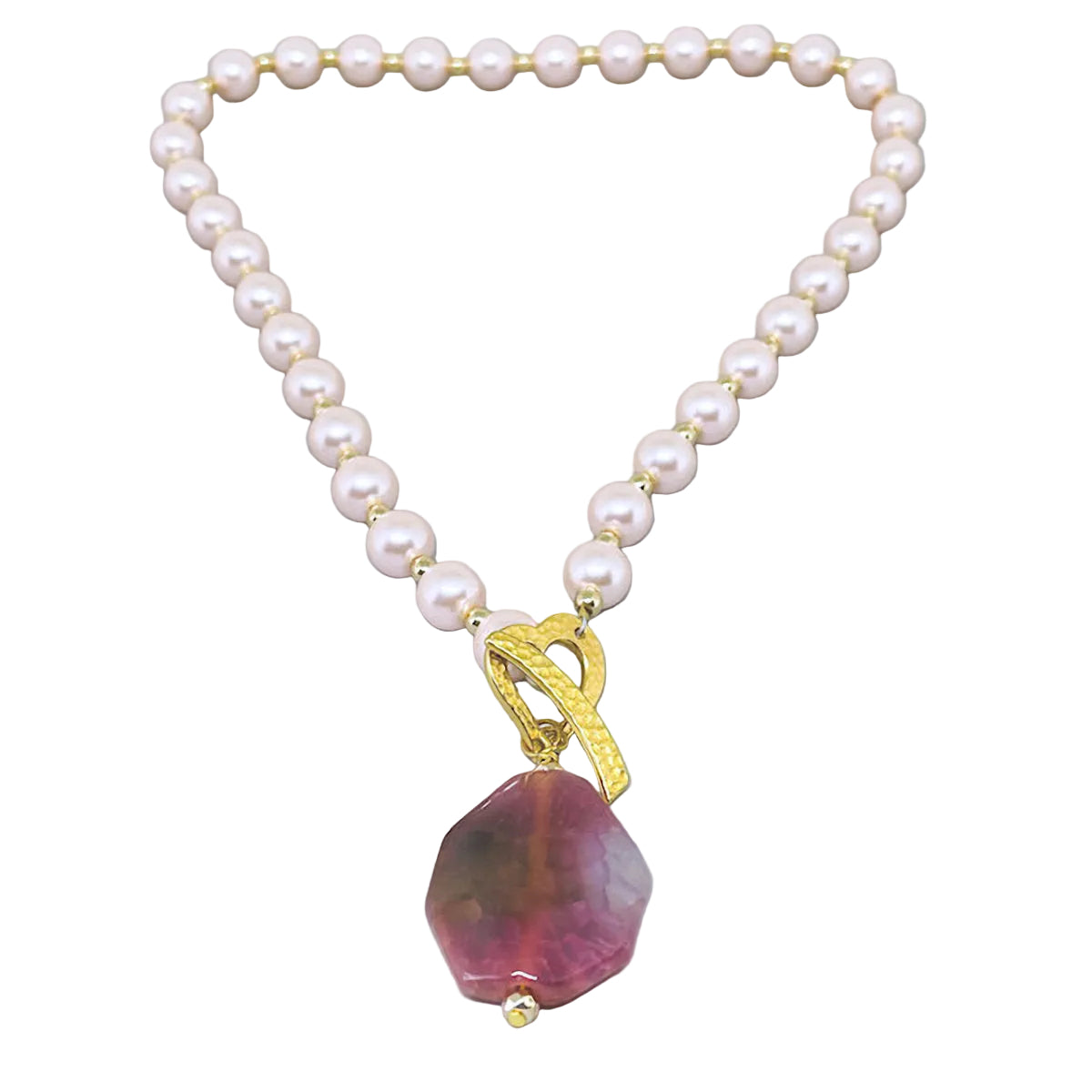 Rose Celestial Pearl necklace with Gold Hematite spacers and Agate Pendant
