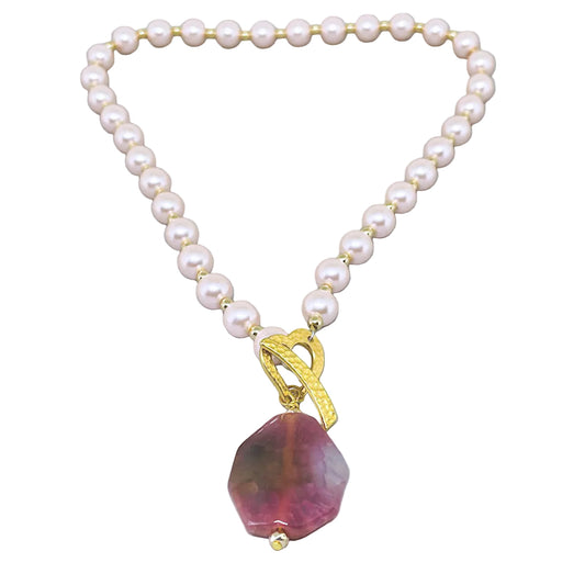 Rose Celestial Pearl necklace with Gold Hematite spacers and Agate Pendant