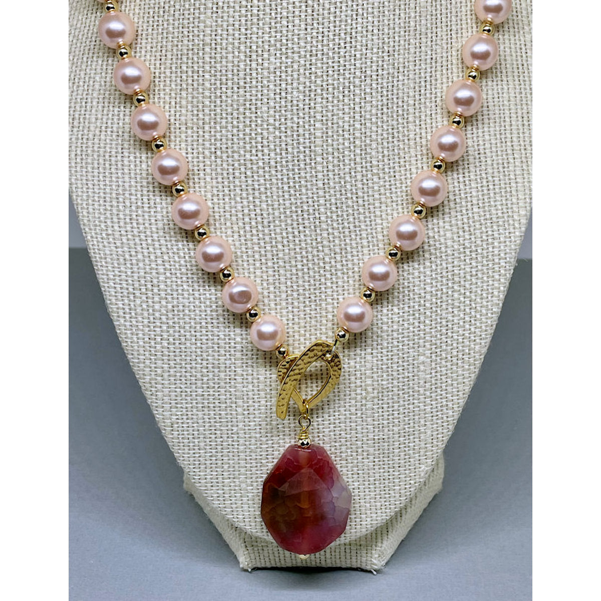 Rose Celestial Pearl necklace with Gold Hematite spacers and Agate Pendant