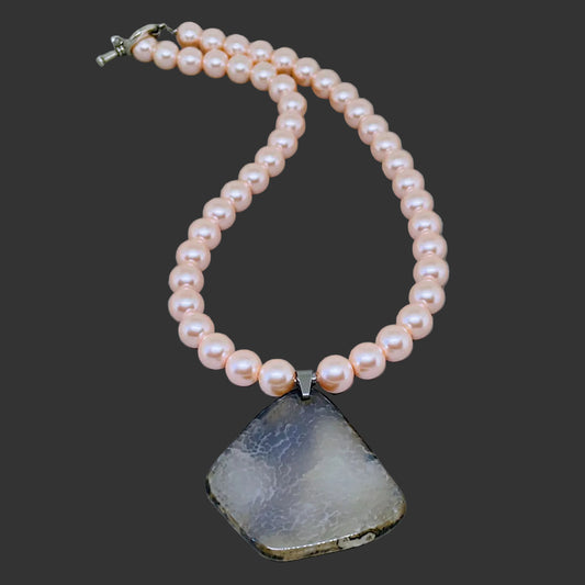Rose Celestial Pearl Necklace accented with Light Gray Geode Slice Pendant
