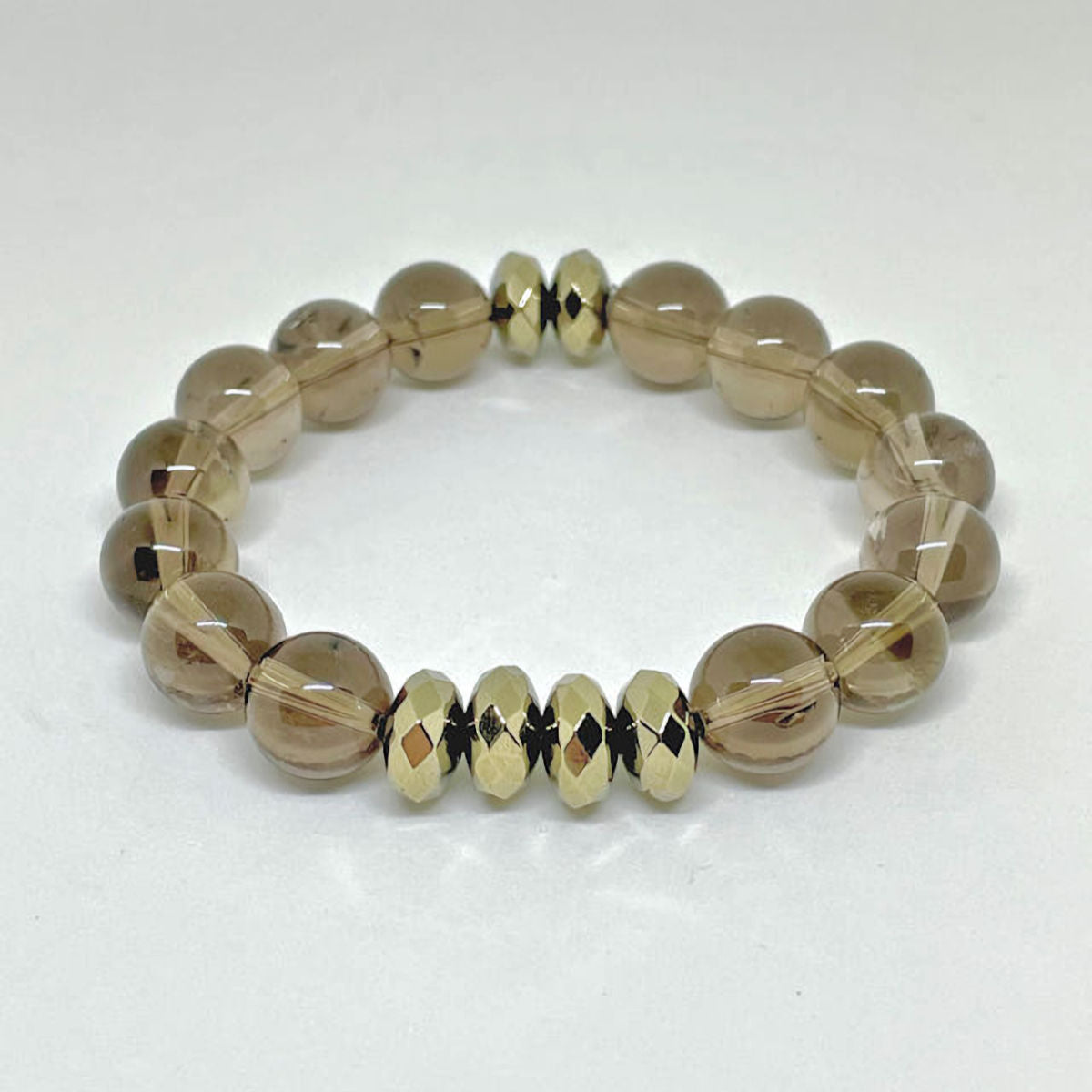 Smoky Quartz Stretch Bracelet with Gold Rondelle Hematite Beads