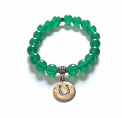 Green Agate Stretch Bracelet with Brass Horseshoe Charm