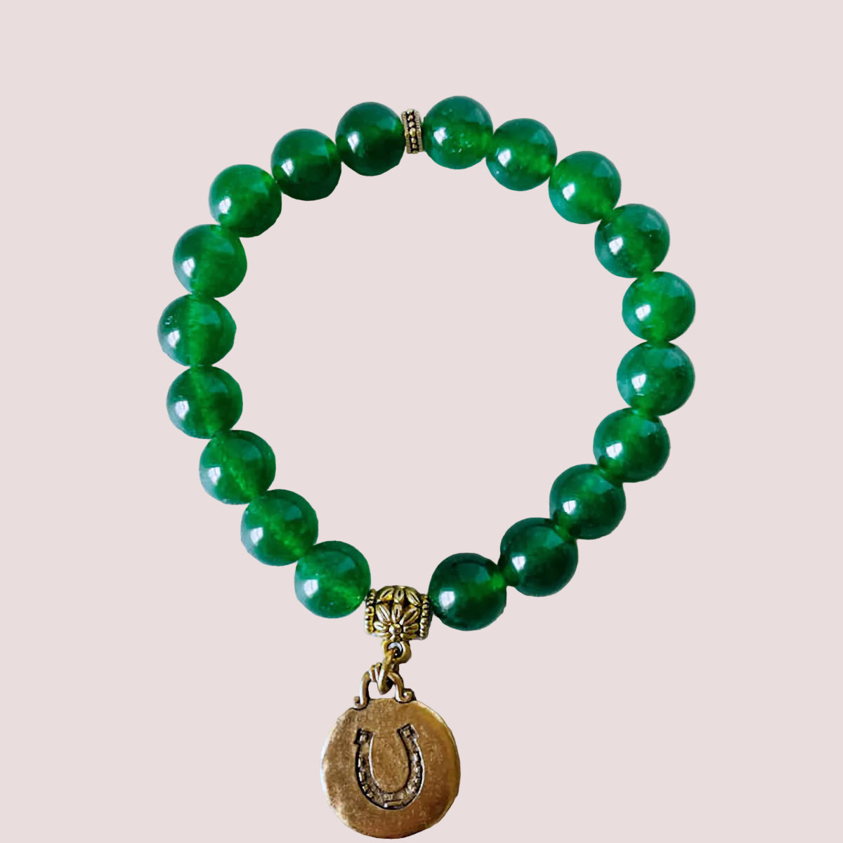 Green Agate Stretch Bracelet with Brass Horseshoe Charm