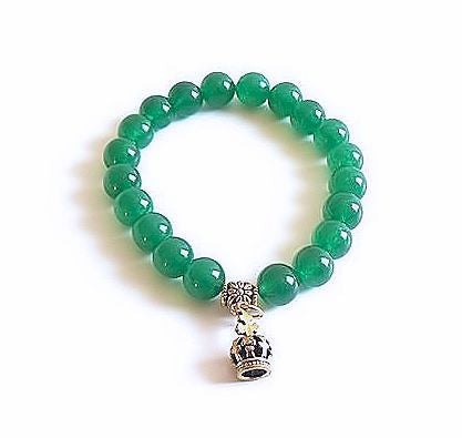 Green Agate Stretch Bracelet with Brass Crown Charm