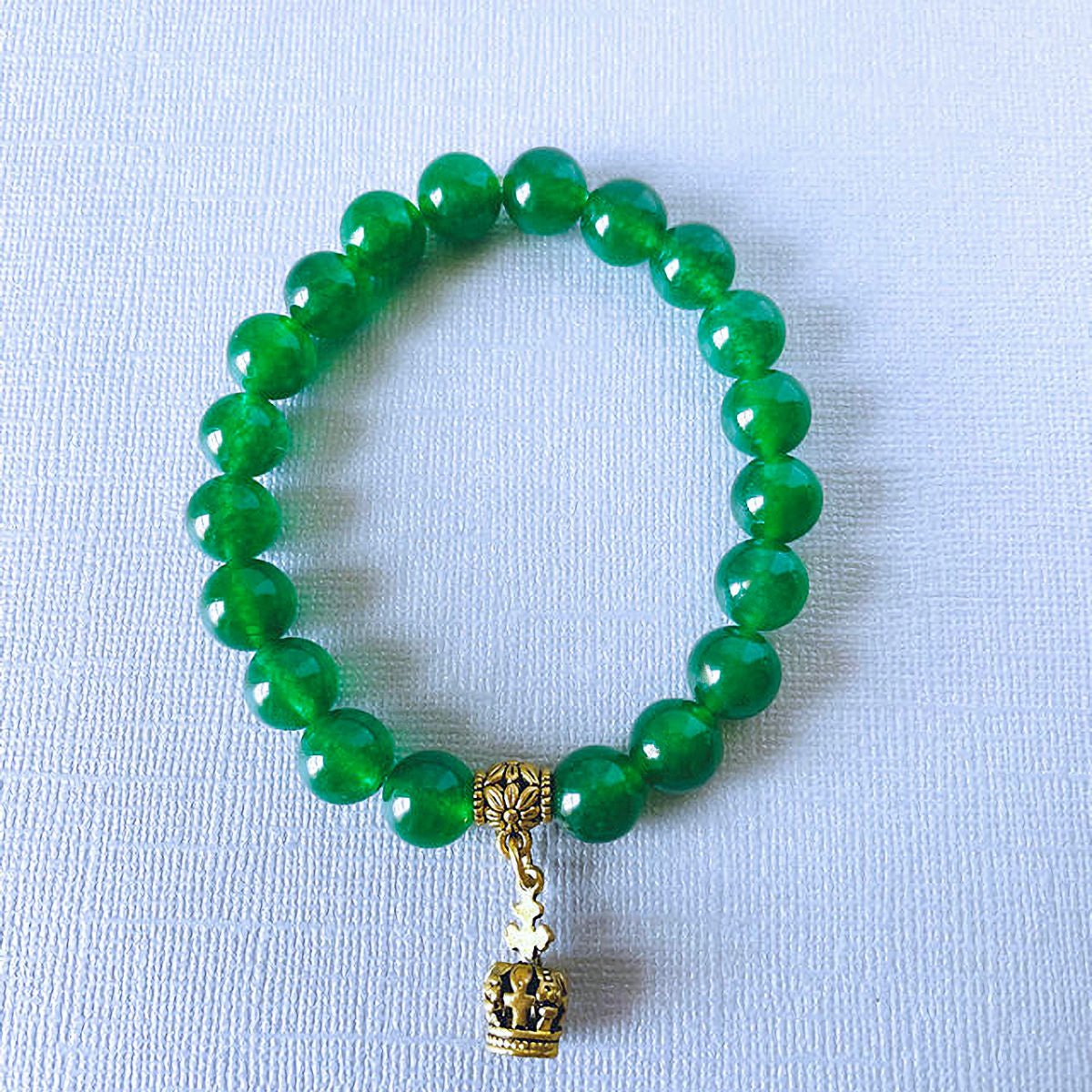 Green Agate Stretch Bracelet with Brass Crown Charm
