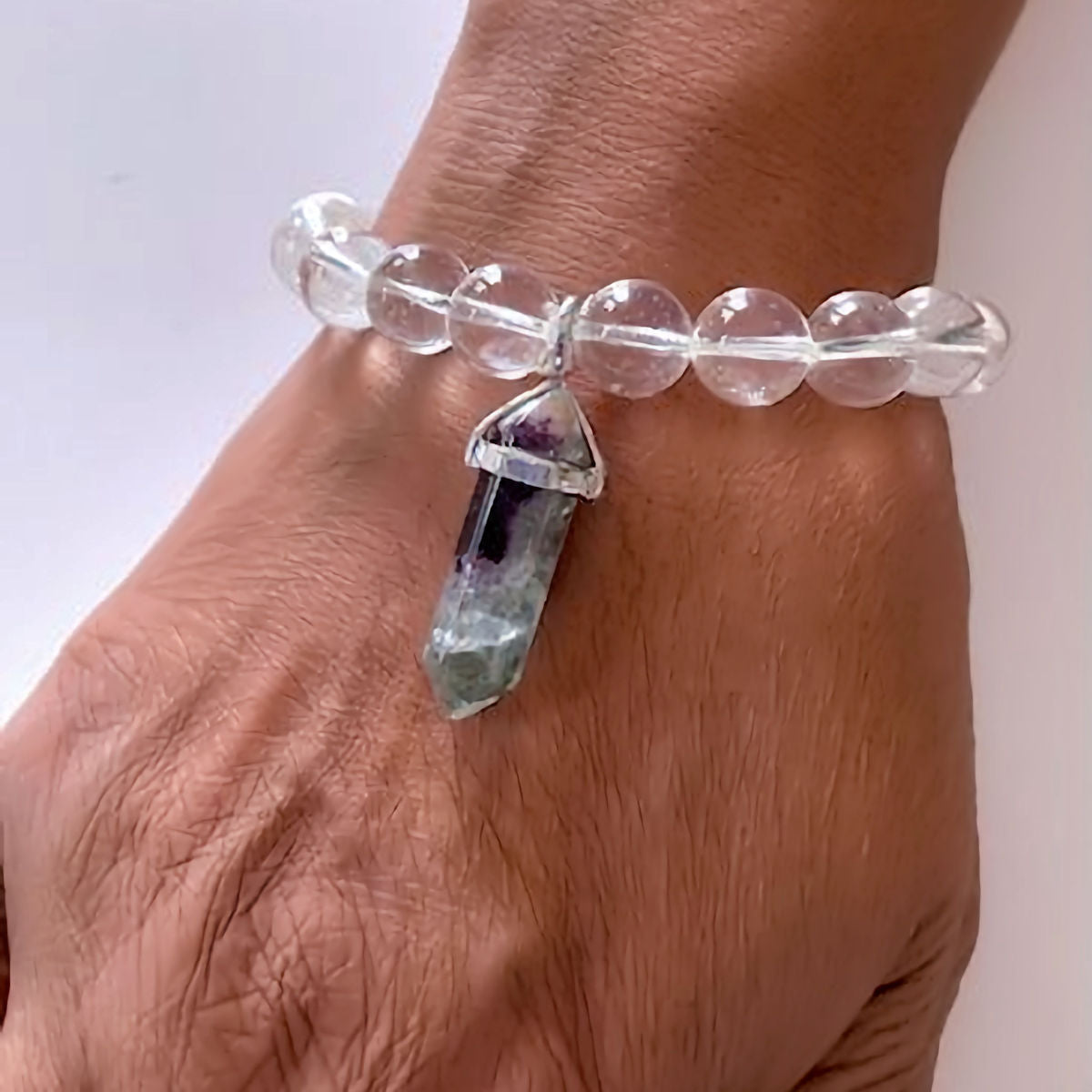 Clear Quartz Crystal Stretch Bracelet with Fluorite Charm
