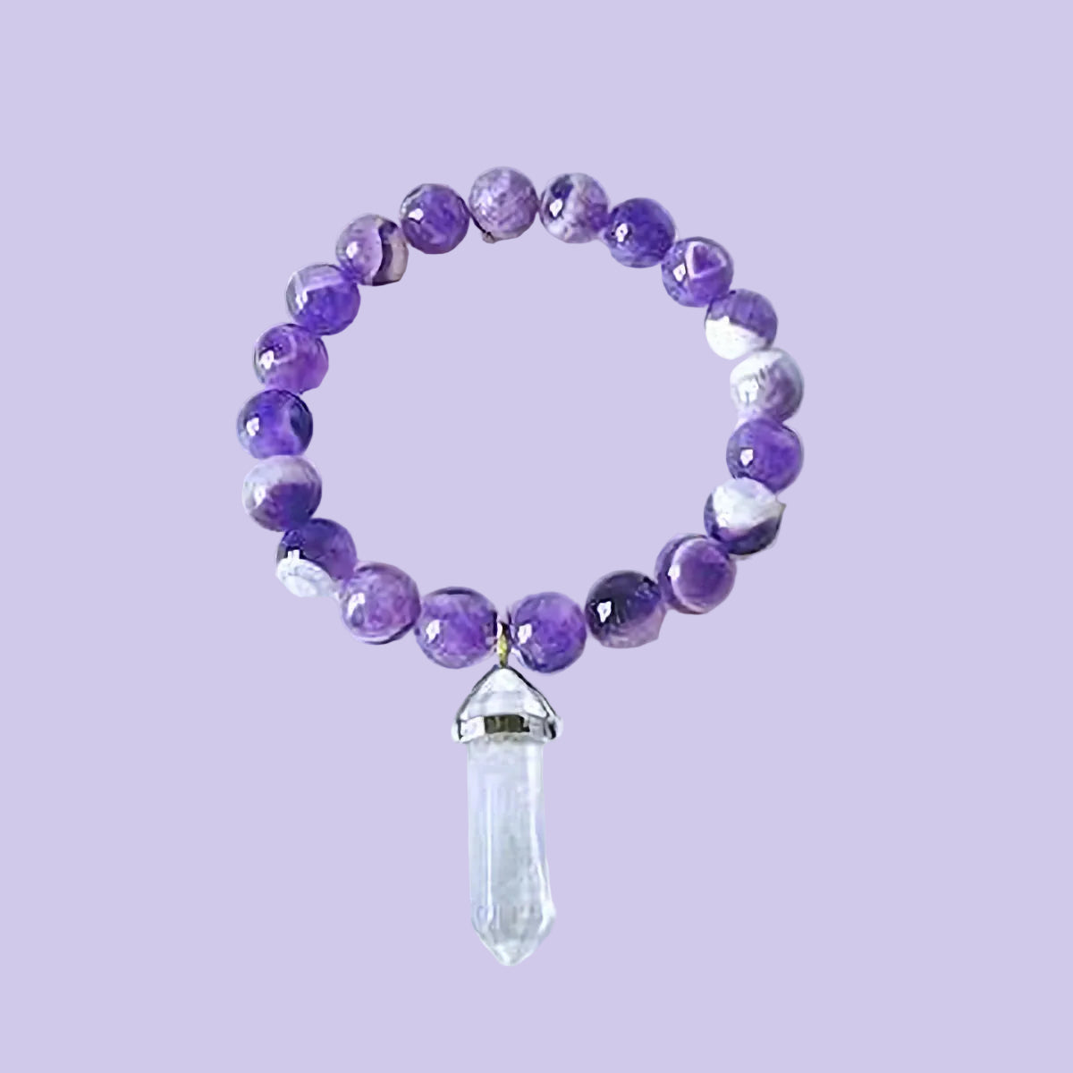 Amethyst Stretch Bracelet with Clear Quartz Crystal Charm