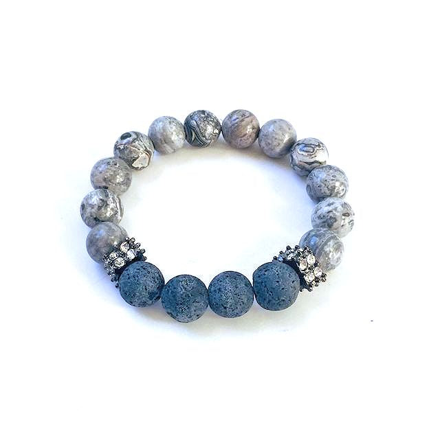 Silver Crazy Lace Agate Stretch Bracelet Accented with Black Lava Beads