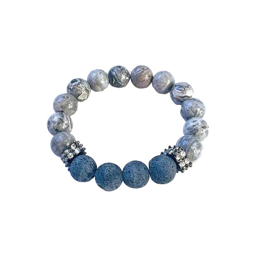 Silver Crazy Lace Agate Stretch Bracelet Accented with Black Lava Beads