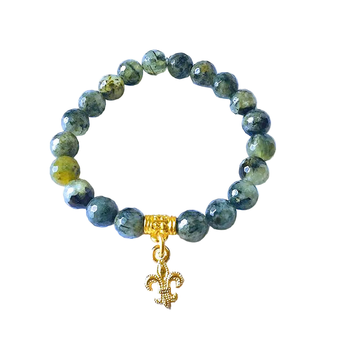 Moss Agate Stretch Bracelet with Gold Fleur De Lis Charm