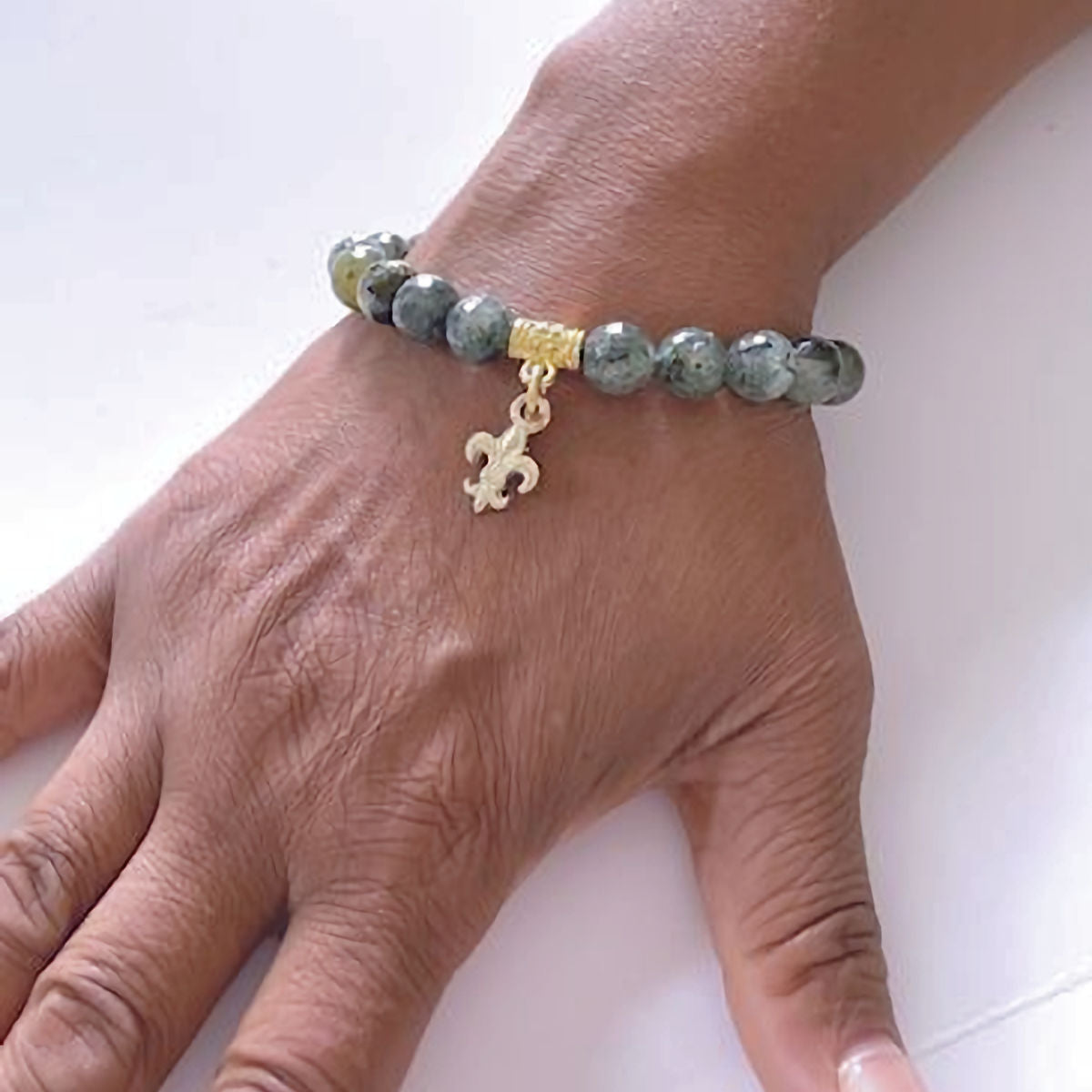 Moss Agate Stretch Bracelet with Gold Fleur De Lis Charm