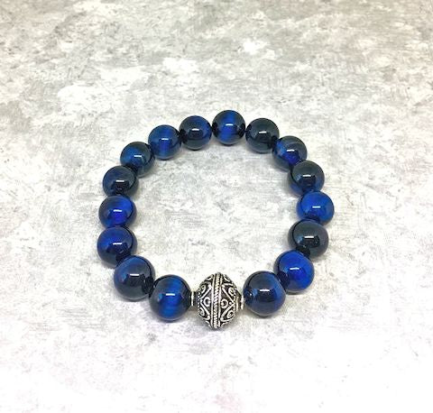 Blue Tiger Eye Stretch Bracelet Accented with Antique Silver-Plated Round Spacer