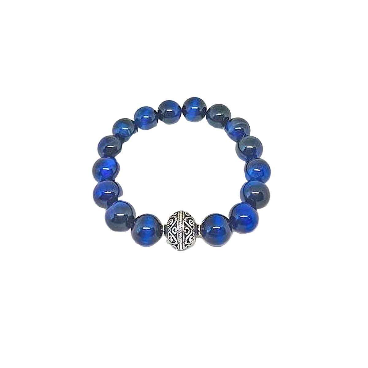 Blue Tiger Eye Stretch Bracelet Accented with Antique Silver-Plated Round Spacer