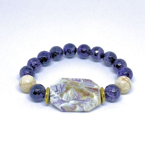 Faceted Amethyst Stretch Bracelet Accented with Octagon Charoite Stone