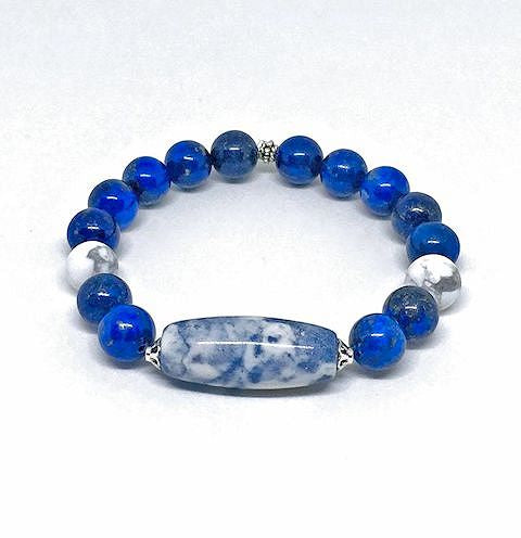 Lapis Lazuli Stretch Bracelet Accented with Blue and White Barrel Stone