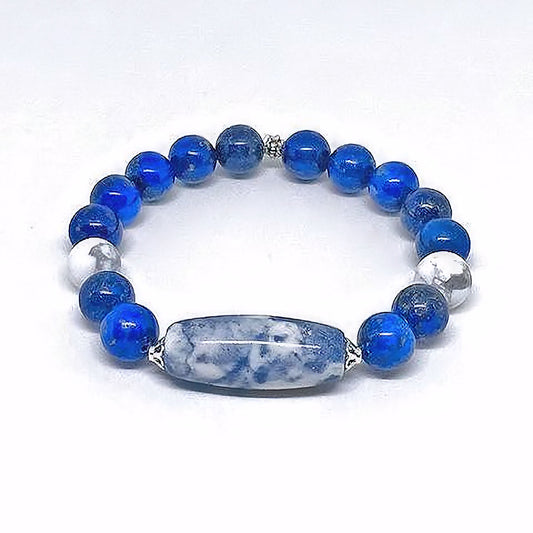 Lapis Lazuli Stretch Bracelet Accented with Blue and White Barrel Stone