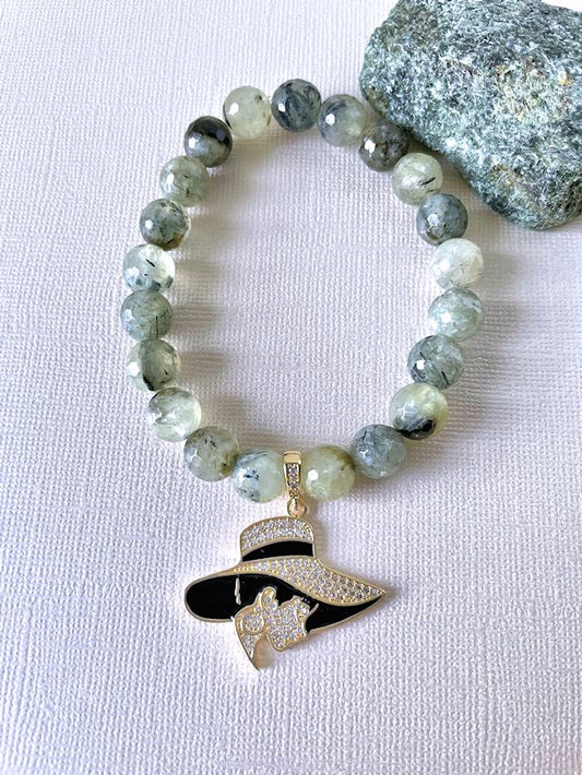 Prehnite Stretch Bracelet with Pave Lady with Hat Charm