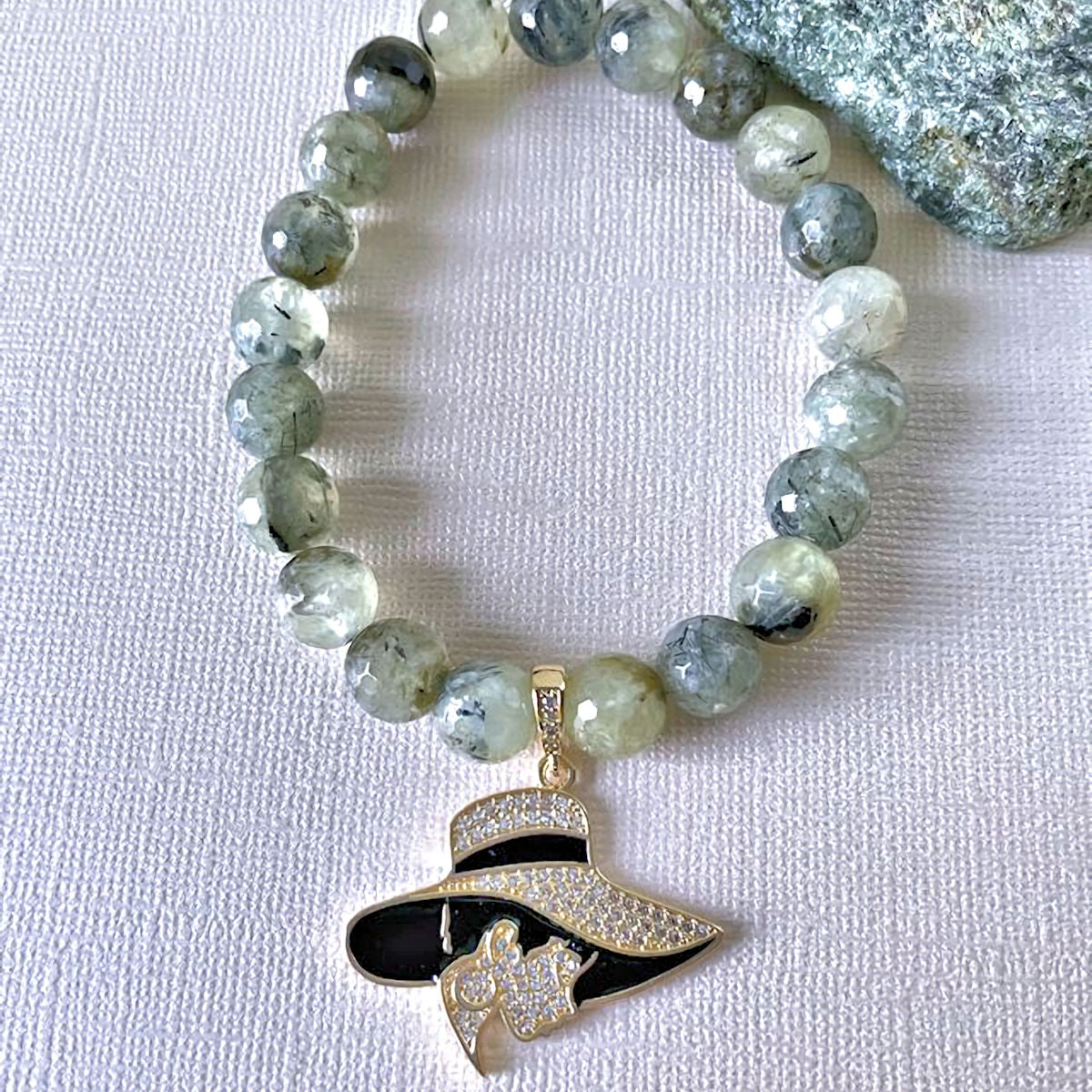 Prehnite Stretch Bracelet with Pave Lady with Hat Charm