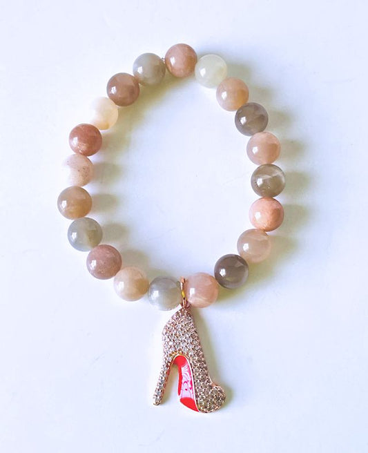 Multicolored Moonstone Stretch Bracelet with Rose Gold Stiletto Charm