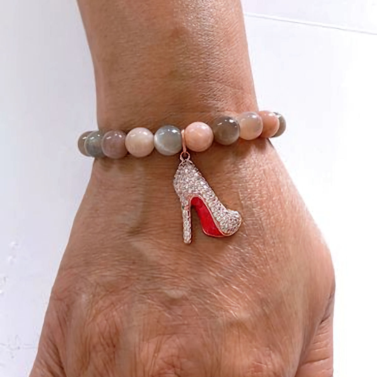 Multicolored Moonstone Stretch Bracelet with Rose Gold Stiletto Charm