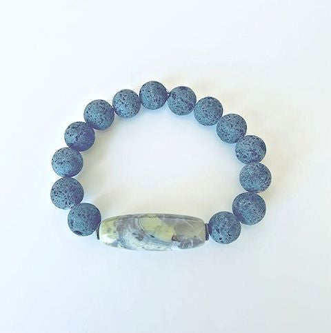 Charcoal Gray Lava Stretch Bracelet with Jasper Barrel Focal Bead