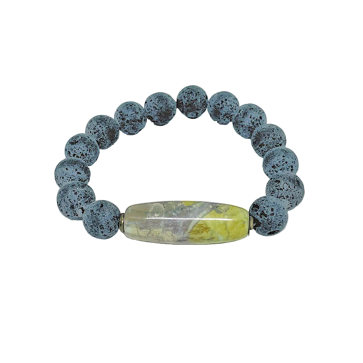 Charcoal Gray Lava Stretch Bracelet with Jasper Barrel Focal Bead