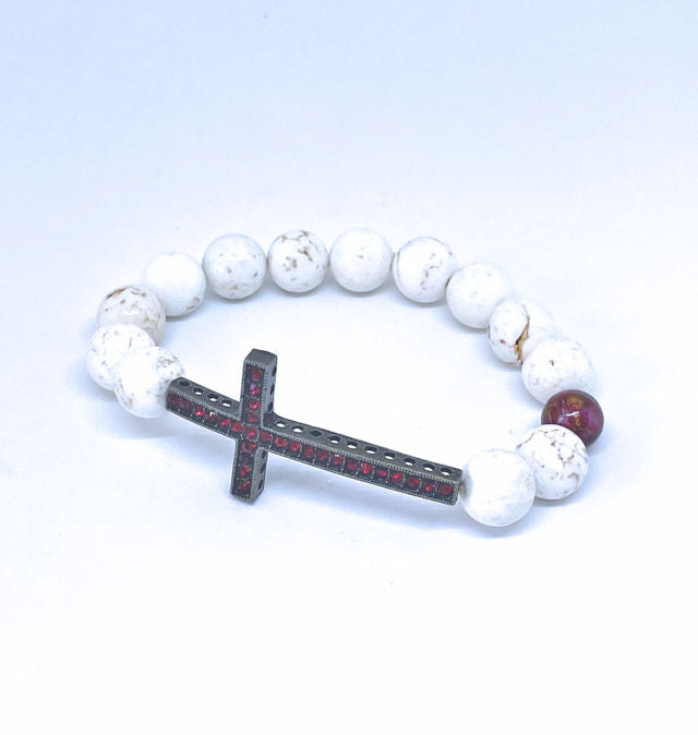 Natural Cream Howlite Stretch Bracelet with Pave Ruby Cross