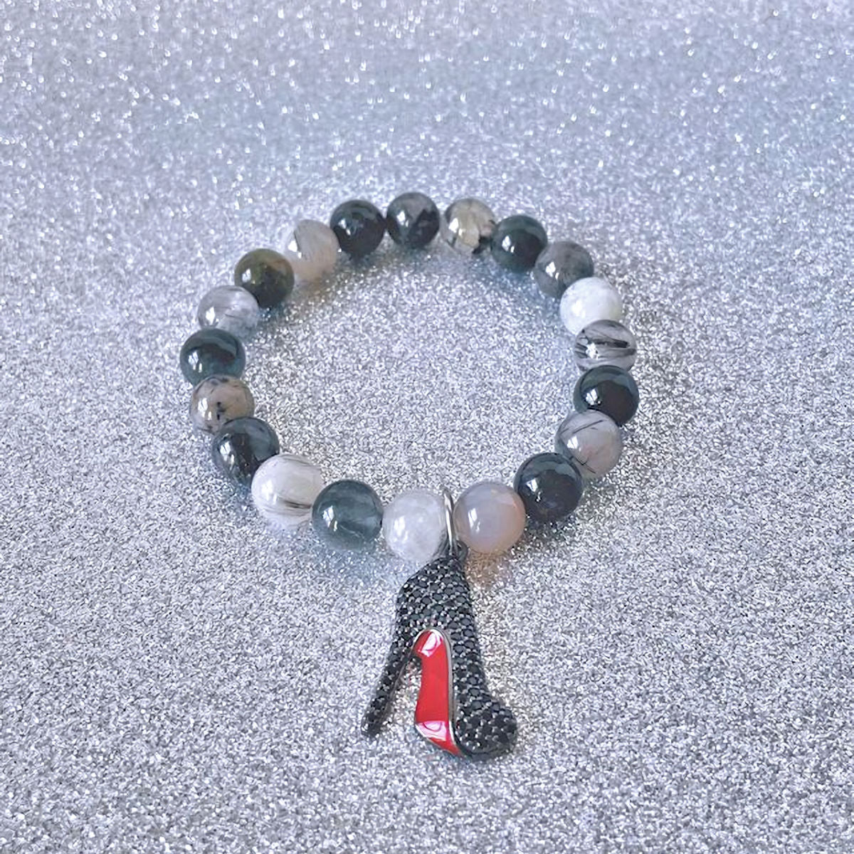 Black Rutilated Stretch Bracelet with Pave Black Stiletto Heel Charm