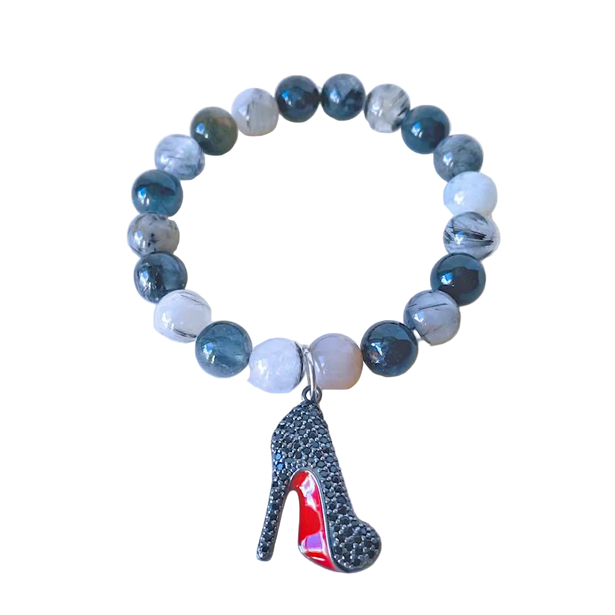 Black Rutilated Stretch Bracelet with Pave Black Stiletto Heel Charm