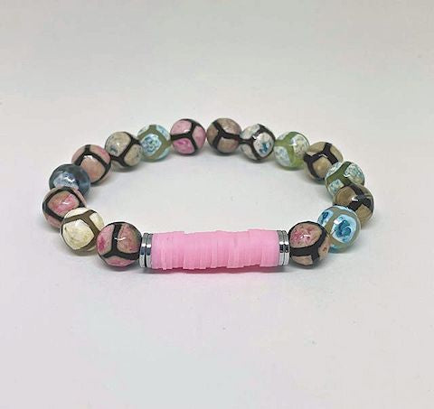 Mixed Color Fire Agate Stretch Bracelet with Pink Vinyl Heishi Beads