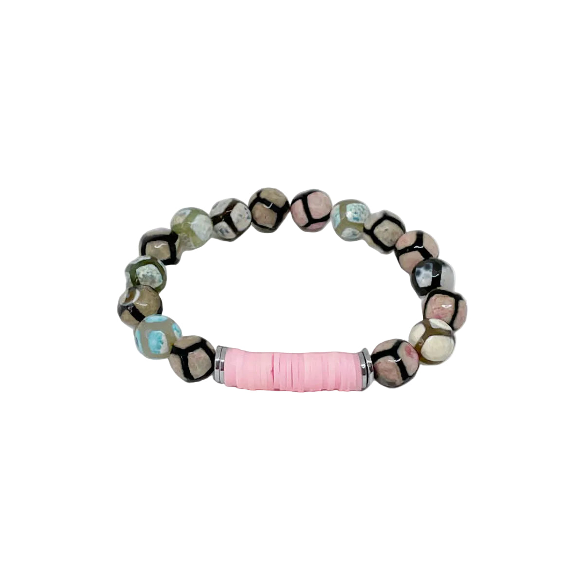 Mixed Color Fire Agate Stretch Bracelet with Pink Vinyl Heishi Beads