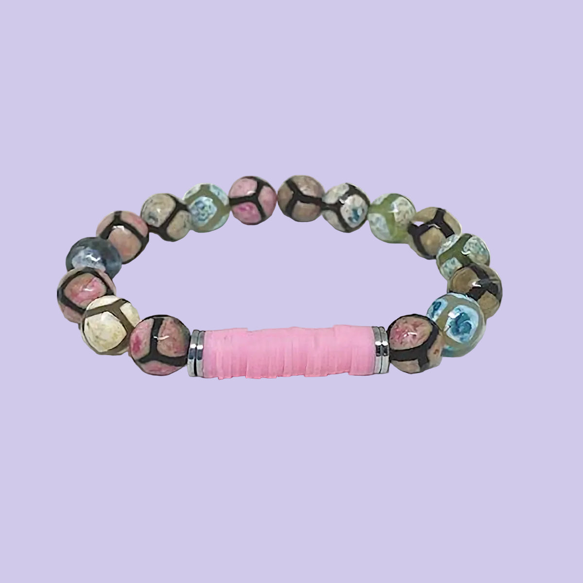 Mixed Color Fire Agate Stretch Bracelet with Pink Vinyl Heishi Beads