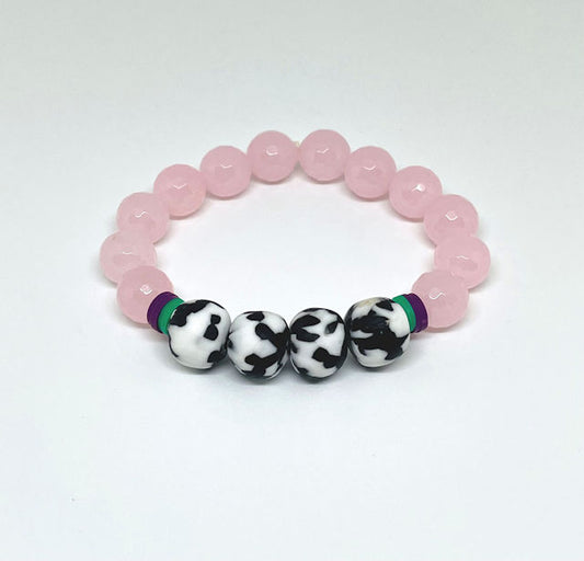 Faceted Light Pink Jade Stretch Bracelet Accented with Black and White African Glass Beads