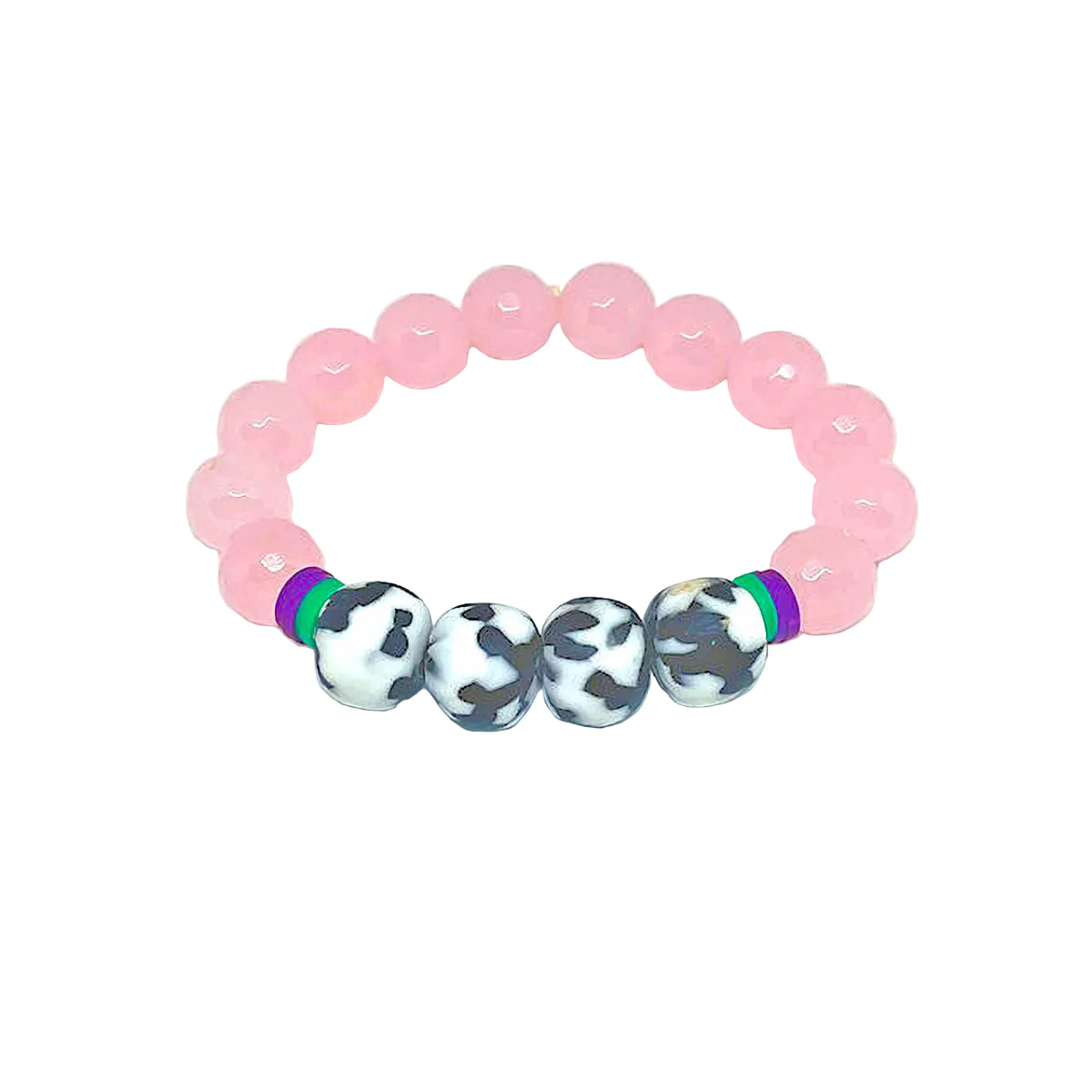 Faceted Light Pink Jade Stretch Bracelet Accented with Black and White African Glass Beads
